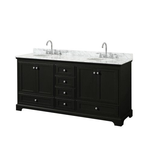 Wyndham WCS202072DDECMUNOMXX Deborah 72 Inch Double Bathroom Vanity in Dark Espresso, White Carrara Marble Countertop, Undermount Oval Sinks, and No Mirrors