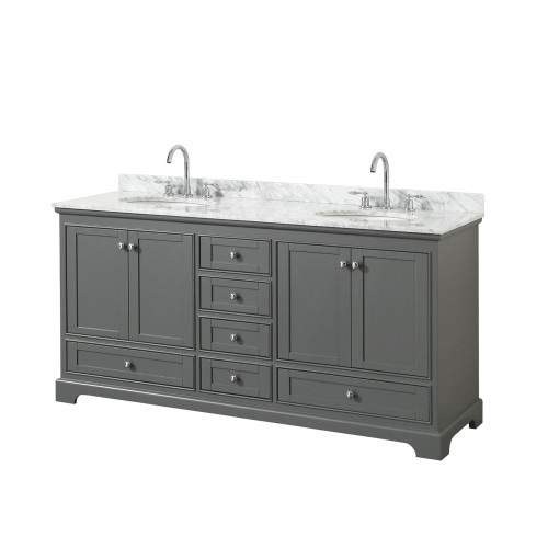 Wyndham WCS202072DKGCMUNOMXX Deborah 72 Inch Double Bathroom Vanity in Dark Gray, White Carrara Marble Countertop, Undermount Oval Sinks, and No Mirrors