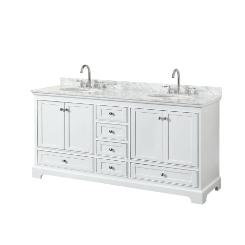 Wyndham WCS202072DWHCMUNOMXX Deborah 72 Inch Double Bathroom Vanity in White, White Carrara Marble Countertop, Undermount Oval Sinks, and No Mirrors