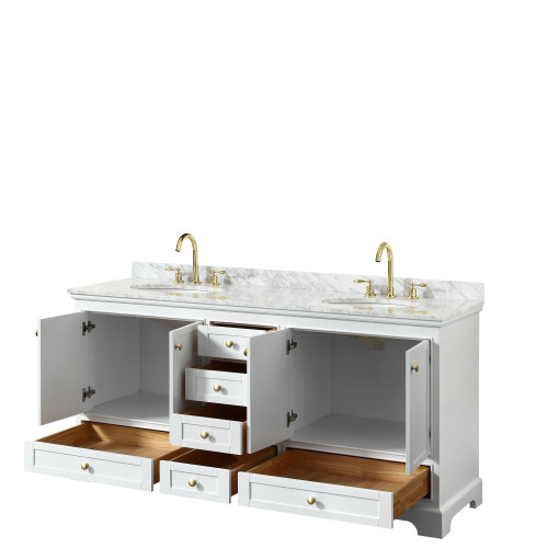 Wyndham WCS202072DWGCMUNOMXX Deborah 72 Inch Double Bathroom Vanity in White, White Carrara Marble Countertop, Undermount Oval Sinks, Brushed Gold Trim, No Mirrors