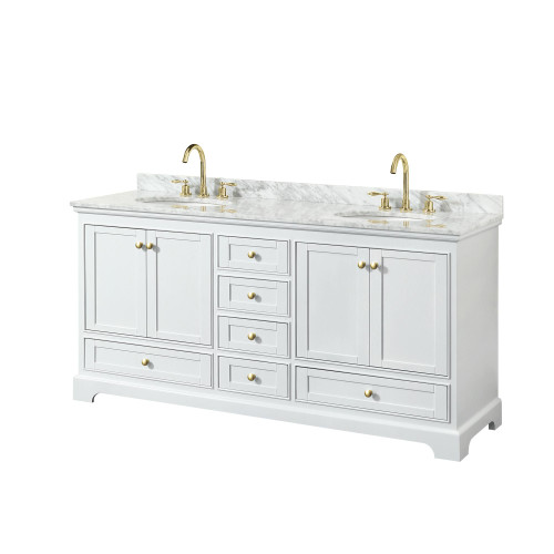Wyndham WCS202072DWGCMUNOMXX Deborah 72 Inch Double Bathroom Vanity in White, White Carrara Marble Countertop, Undermount Oval Sinks, Brushed Gold Trim, No Mirrors