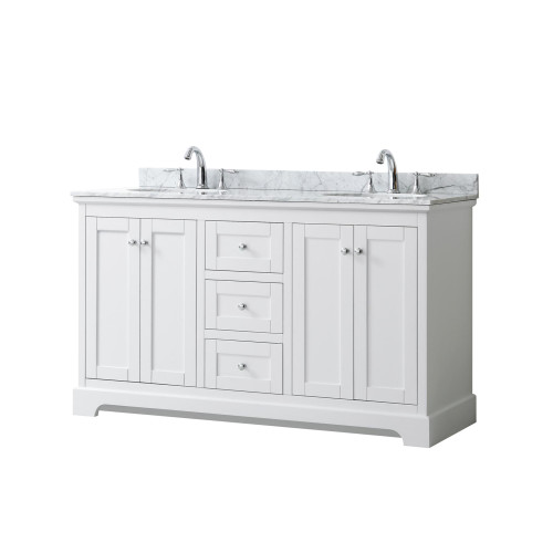 Wyndham WCV232360DWHCMUNOMXX Avery 60 Inch Double Bathroom Vanity in White, White Carrara Marble Countertop, Undermount Oval Sinks, and No Mirror