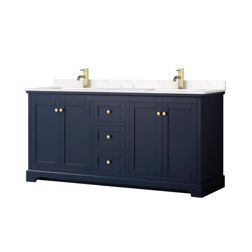 Wyndham WCV232372DBLC2UNSMXX Avery 72 Inch Double Bathroom Vanity in Dark Blue, Light-Vein Carrara Cultured Marble Countertop, Undermount Square Sinks, No Mirror