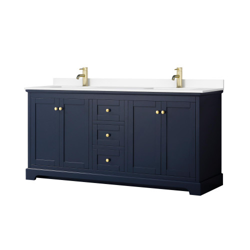 Wyndham WCV232372DBLWCUNSMXX Avery 72 Inch Double Bathroom Vanity in Dark Blue, White Cultured Marble Countertop, Undermount Square Sinks, No Mirror