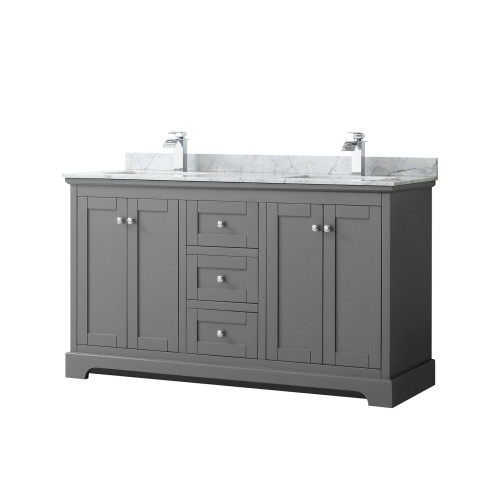Wyndham WCV232360DKGCMUNSMXX Avery 60 Inch Double Bathroom Vanity in Dark Gray, White Carrara Marble Countertop, Undermount Square Sinks, and No Mirror