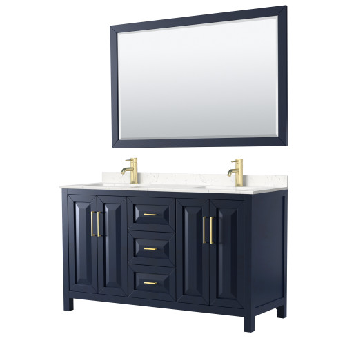 Wyndham WCV252560DBLC2UNSM58 Daria 60 Inch Double Bathroom Vanity in Dark Blue, Light-Vein Carrara Cultured Marble Countertop, Undermount Square Sinks, 58 Inch Mirror Wyndham WCV252560DBLC2UNSM58 Daria 60 Inch Double Bathroom Vanity in Dark Blue, Light-Vein Carrara Cultured Marble Countertop, Undermount Square Sinks, 58 Inch Mirror