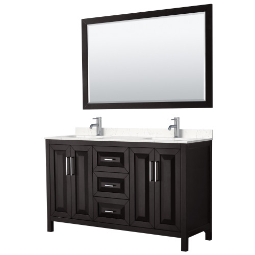 Wyndham WCV252560DDEC2UNSM58 Daria 60 Inch Double Bathroom Vanity in Dark Espresso, Light-Vein Carrara Cultured Marble Countertop, Undermount Square Sinks, 58 Inch Mirror