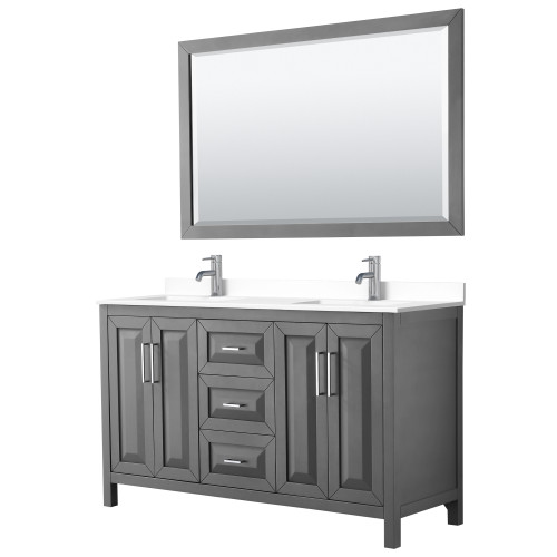 Wyndham WCV252560DKGWCUNSM58 Daria 60 Inch Double Bathroom Vanity in Dark Gray, White Cultured Marble Countertop, Undermount Square Sinks, 58 Inch Mirror