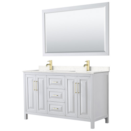 Wyndham WCV252560DWGC2UNSM58 Daria 60 Inch Double Bathroom Vanity in White, Light-Vein Carrara Cultured Marble Countertop, Undermount Square Sinks, 58 Inch Mirror, Brushed Gold Trim