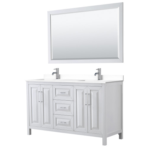 Wyndham WCV252560DWHWCUNSM58 Daria 60 Inch Double Bathroom Vanity in White, White Cultured Marble Countertop, Undermount Square Sinks, 58 Inch Mirror
