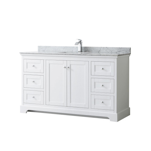 Wyndham WCV232360SWHCMUNSMXX Avery 60 Inch Single Bathroom Vanity in White, White Carrara Marble Countertop, Undermount Square Sink, and No Mirror