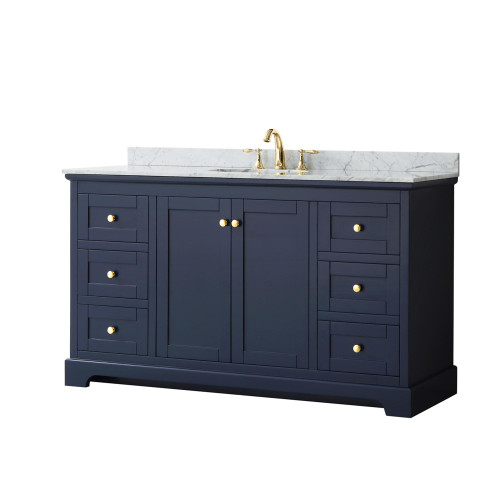 Wyndham WCV232360SBLCMUNOMXX Avery 60 Inch Single Bathroom Vanity in Dark Blue, White Carrara Marble Countertop, Undermount Oval Sink, and No Mirror