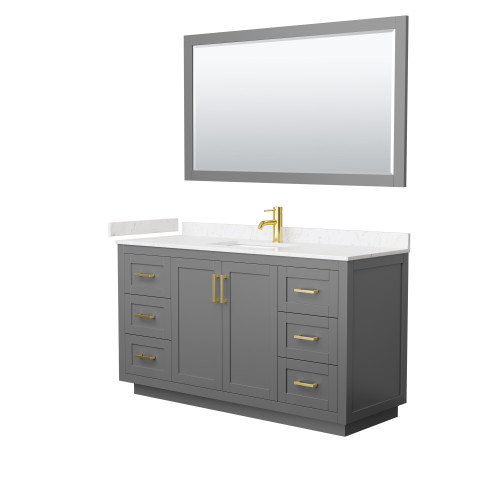 Wyndham WCF292960SGGC2UNSM58 Miranda 60 Inch Single Bathroom Vanity in Dark Gray, Light-Vein Carrara Cultured Marble Countertop, Undermount Square Sink, Brushed Gold Trim, 58 Inch Mirror