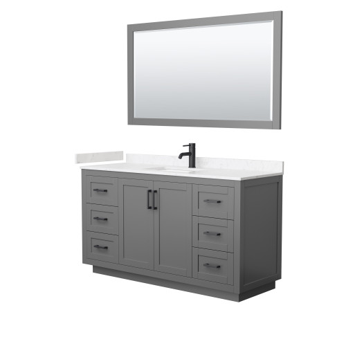 Wyndham WCF292960SGBC2UNSM58 Miranda 60 Inch Single Bathroom Vanity in Dark Gray, Light-Vein Carrara Cultured Marble Countertop, Undermount Square Sink, Matte Black Trim, 58 Inch Mirror