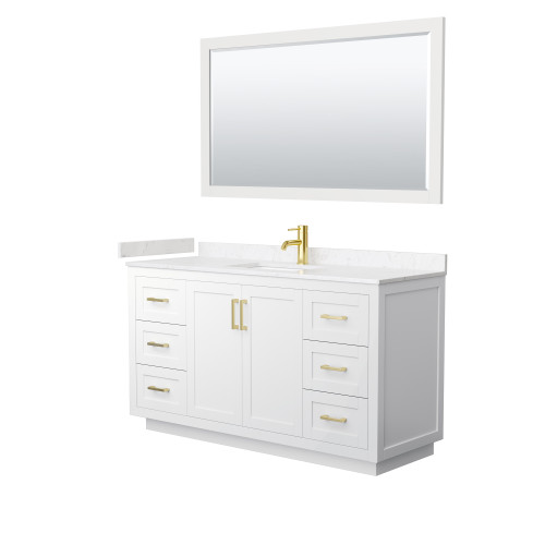Wyndham WCF292960SWGC2UNSM58 Miranda 60 Inch Single Bathroom Vanity in White, Light-Vein Carrara Cultured Marble Countertop, Undermount Square Sink, Brushed Gold Trim, 58 Inch Mirror