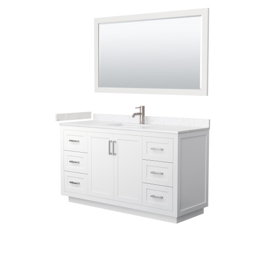 Wyndham WCF292960SWHC2UNSM58 Miranda 60 Inch Single Bathroom Vanity in White, Light-Vein Carrara Cultured Marble Countertop, Undermount Square Sink, Brushed Nickel Trim, 58 Inch Mirror