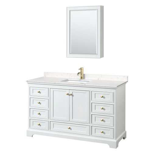 Wyndham WCS202060SWGC2UNSMED Deborah 60 Inch Single Bathroom Vanity in White, Carrara Cultured Marble Countertop, Undermount Square Sink, Brushed Gold Trim, Medicine Cabinet