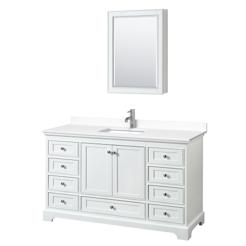 Wyndham WCS202060SWHWCUNSMED Deborah 60 Inch Single Bathroom Vanity in White, White Cultured Marble Countertop, Undermount Square Sink, Medicine Cabinet