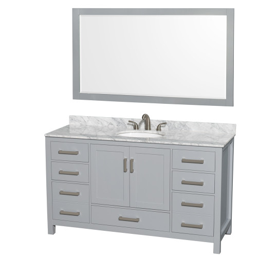 Wyndham WCS141460SGYCMUNOM58 Sheffield 60 Inch Single Bathroom Vanity in Gray, White Carrara Marble Countertop, Undermount Oval Sink, and 58 Inch Mirror