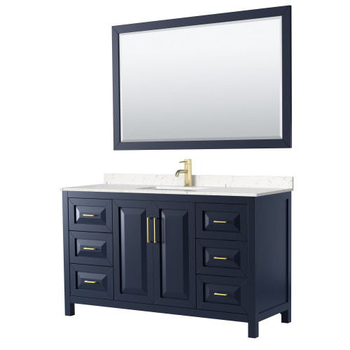 Wyndham WCV252560SBLC2UNSM58 Daria 60 Inch Single Bathroom Vanity in Dark Blue, Light-Vein Carrara Cultured Marble Countertop, Undermount Square Sink, 58 Inch Mirror