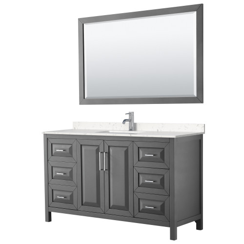 Wyndham WCV252560SKGC2UNSM58 Daria 60 Inch Single Bathroom Vanity in Dark Gray, Light-Vein Carrara Cultured Marble Countertop, Undermount Square Sink, 58 Inch Mirror