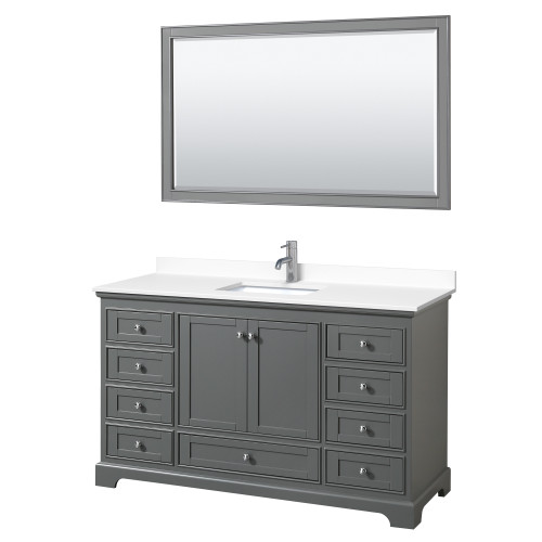 Wyndham WCS202060SKGWCUNSM58 Deborah 60 Inch Single Bathroom Vanity in Dark Gray, White Cultured Marble Countertop, Undermount Square Sink, 58 Inch Mirror