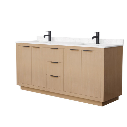 Wyndham WCF282872DLBC2UNSMXX Maroni 72 Inch Double Bathroom Vanity in Light Straw, Light-Vein Carrara Cultured Marble Countertop, Undermount Square Sinks, Matte Black Trim