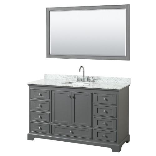 Wyndham WCS202060SKGCMUNSM58 Deborah 60 Inch Single Bathroom Vanity in Dark Gray, White Carrara Marble Countertop, Undermount Square Sink, and 58 Inch Mirror