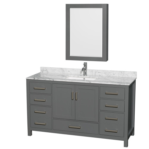Wyndham WCS141460SKGCMUNSMED Sheffield 60 Inch Single Bathroom Vanity in Dark Gray, White Carrara Marble Countertop, Undermount Square Sink, and Medicine Cabinet