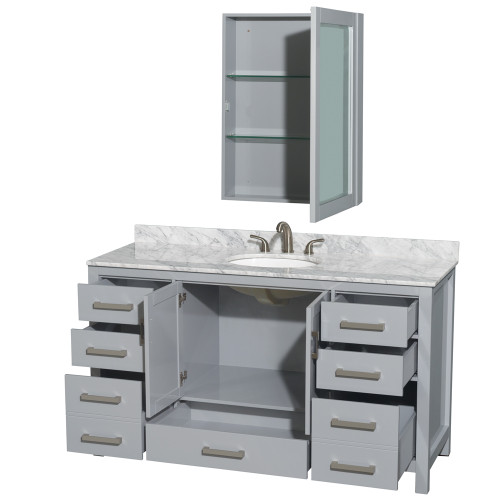 Wyndham WCS141460SGYCMUNOMED Sheffield 60 Inch Single Bathroom Vanity in Gray, White Carrara Marble Countertop, Undermount Oval Sink, and Medicine Cabinet