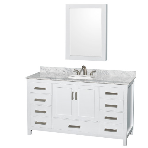 Wyndham WCS141460SWHCMUNOMED Sheffield 60 Inch Single Bathroom Vanity in White, White Carrara Marble Countertop, Undermount Oval Sink, and Medicine Cabinet
