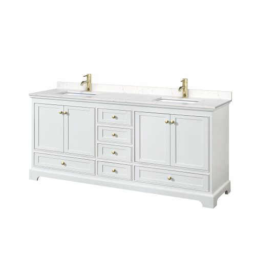 Wyndham WCS202080DWGC2UNSMXX Deborah 80 Inch Double Bathroom Vanity in White, Carrara Cultured Marble Countertop, Undermount Square Sinks, Brushed Gold Trim, No Mirrors