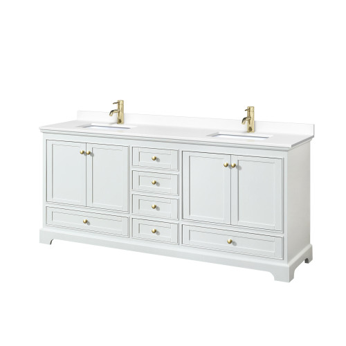 Wyndham WCS202080DWGWCUNSMXX Deborah 80 Inch Double Bathroom Vanity in White, White Cultured Marble Countertop, Undermount Square Sinks, Brushed Gold Trim, No Mirrors