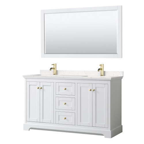 Wyndham WCV232360DWGC2UNSM58 Avery 60 Inch Double Bathroom Vanity in White, Light-Vein Carrara Cultured Marble Countertop, Undermount Square Sinks, 58 Inch Mirror, Brushed Gold Trim