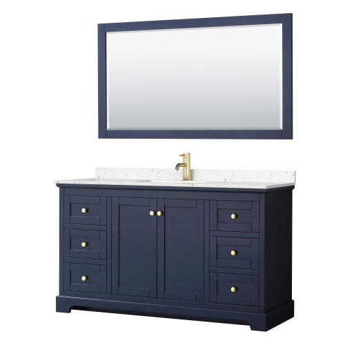 Wyndham WCV232360SBLC2UNSM58 Avery 60 Inch Single Bathroom Vanity in Dark Blue, Light-Vein Carrara Cultured Marble Countertop, Undermount Square Sink, 58 Inch Mirror Wyndham WCV232360SBLC2UNSM58 Avery 60 Inch Single Bathroom Vanity in Dark Blue, Light-Vein Carrara Cultured Marble Countertop, Undermount Square Sink, 58 Inch Mirror