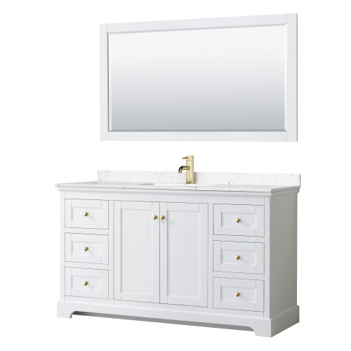 Wyndham WCV232360SWGC2UNSM58 Avery 60 Inch Single Bathroom Vanity in White, Light-Vein Carrara Cultured Marble Countertop, Undermount Square Sink, 58 Inch Mirror, Brushed Gold Trim