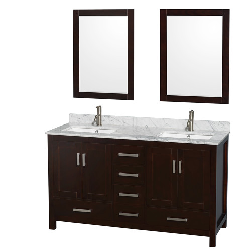 Wyndham WCS141460DESCMUNSM24 Sheffield 60 Inch Double Bathroom Vanity in Espresso, White Carrara Marble Countertop, Undermount Square Sinks, and 24 Inch Mirrors