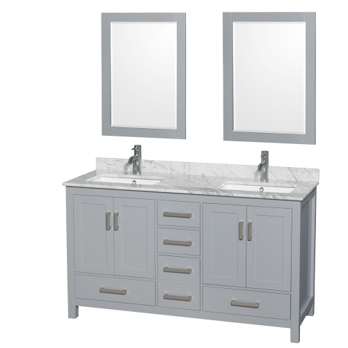 Wyndham WCS141460DGYCMUNSM24 Sheffield 60 Inch Double Bathroom Vanity in Gray, White Carrara Marble Countertop, Undermount Square Sinks, and 24 Inch Mirrors