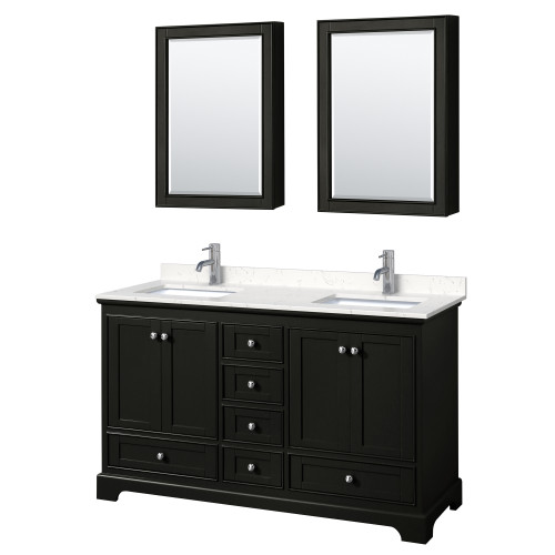 Wyndham WCS202060DDEC2UNSMED Deborah 60 Inch Double Bathroom Vanity in Dark Espresso, Light-Vein Carrara Cultured Marble Countertop, Undermount Square Sinks, Medicine Cabinets