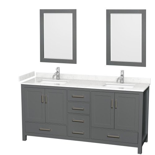 Wyndham WCS141472DKGC2UNSM24 Sheffield 72 Inch Double Bathroom Vanity in Dark Gray, Carrara Cultured Marble Countertop, Undermount Square Sinks, 24 Inch Mirrors