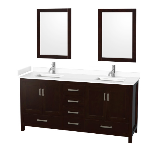 Wyndham WCS141472DESWCUNSM24 Sheffield 72 Inch Double Bathroom Vanity in Espresso, White Cultured Marble Countertop, Undermount Square Sinks, 24 Inch Mirrors