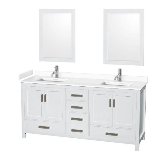 Wyndham WCS141472DWHWCUNSM24 Sheffield 72 Inch Double Bathroom Vanity in White, White Cultured Marble Countertop, Undermount Square Sinks, 24 Inch Mirrors