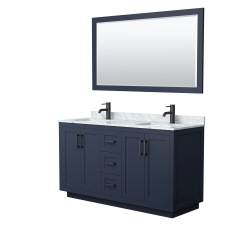 Wyndham WCF292960DBBCMUNSM58 Miranda 60 Inch Double Bathroom Vanity in Dark Blue, White Carrara Marble Countertop, Undermount Square Sinks, Matte Black Trim, 58 Inch Mirror
