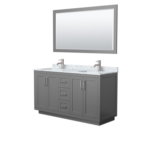 Wyndham WCF292960DKGCMUNSM58 Miranda 60 Inch Double Bathroom Vanity in Dark Gray, White Carrara Marble Countertop, Undermount Square Sinks, Brushed Nickel Trim, 58 Inch Mirror