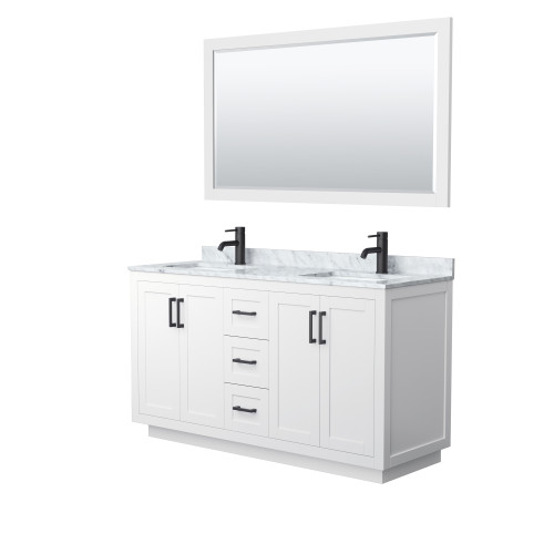 Wyndham WCF292960DWBCMUNSM58 Miranda 60 Inch Double Bathroom Vanity in White, White Carrara Marble Countertop, Undermount Square Sinks, Matte Black Trim, 58 Inch Mirror