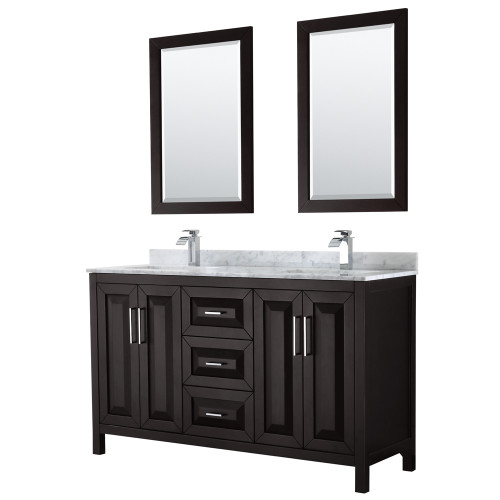 Wyndham WCV252560DDECMUNSM24 Daria 60 Inch Double Bathroom Vanity in Dark Espresso, White Carrara Marble Countertop, Undermount Square Sinks, and 24 Inch Mirrors