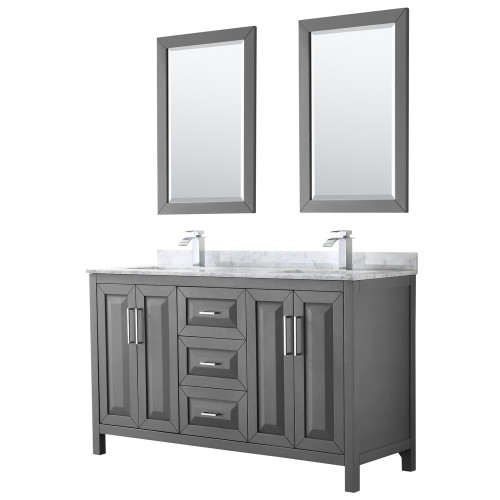 Wyndham WCV252560DKGCMUNSM24 Daria 60 Inch Double Bathroom Vanity in Dark Gray, White Carrara Marble Countertop, Undermount Square Sinks, and 24 Inch Mirrors
