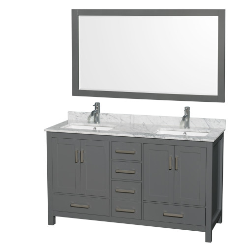 Wyndham WCS141460DKGCMUNSM58 Sheffield 60 Inch Double Bathroom Vanity in Dark Gray, White Carrara Marble Countertop, Undermount Square Sinks, and 58 Inch Mirror