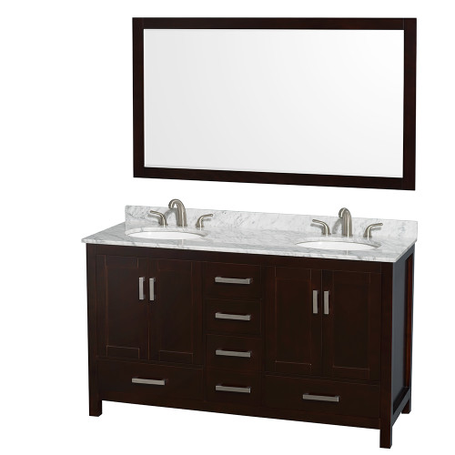 Wyndham WCS141460DESCMUNOM58 Sheffield 60 Inch Double Bathroom Vanity in Espresso, White Carrara Marble Countertop, Undermount Oval Sinks, and 58 Inch Mirror