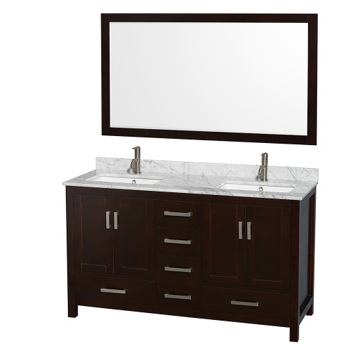 Wyndham WCS141460DESCMUNSM58 Sheffield 60 Inch Double Bathroom Vanity in Espresso, White Carrara Marble Countertop, Undermount Square Sinks, and 58 Inch Mirror